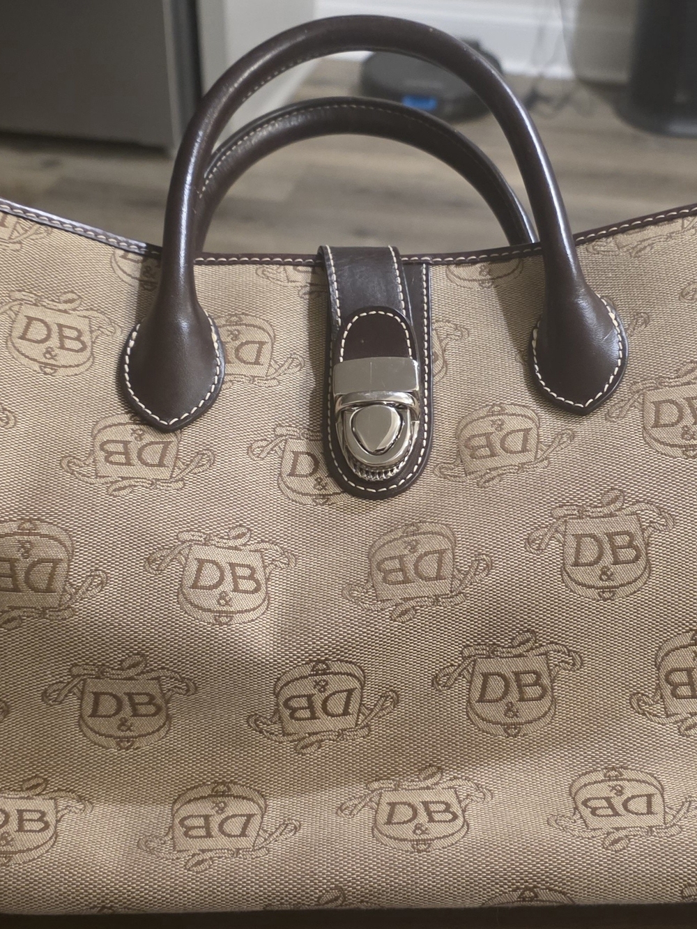 Beautiful Vintage DB Patterned Brown Canvas Tote w/ Dark Brown Leather Trim